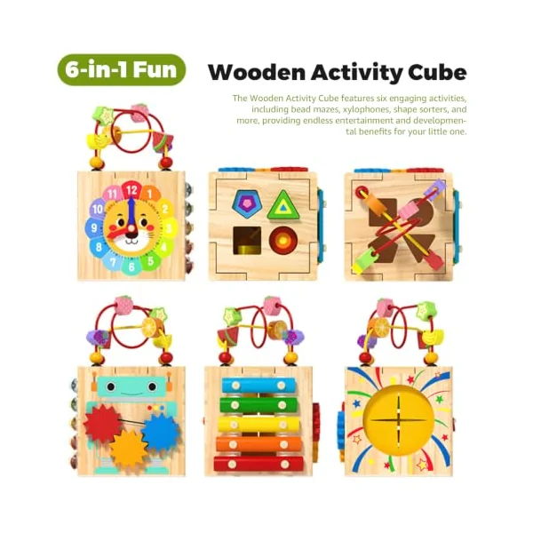 Wooden Activity Cube Toys 1 Set 6 in 1 Multi-functional Baby Activity Cube Educational & Learning Sensory Kids Toys for Holiday Birthday