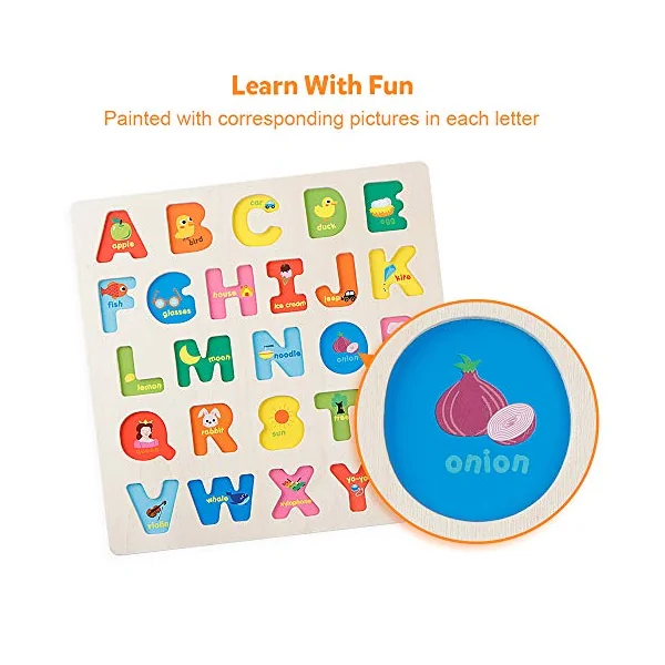 Wooden Alphabet Puzzle ABC Letters Peg Board Knob Jigsaw Blocks Early Learning Educational Toy Gift for 1 2 3 Year Old Toddler Baby Kids
