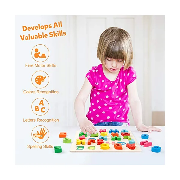 Wooden Alphabet Puzzle ABC Letters Peg Board Knob Jigsaw Blocks Early Learning Educational Toy Gift for 1 2 3 Year Old Toddler Baby Kids