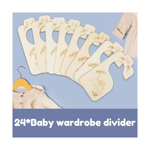 Wooden Baby Wardrobe Dividers, Double-Sided Printed Baby Closet Clothes Dividers from Newborn to 24 Months, Cute Hanging Closet Divider Boho Adorable Nursery Decor(24pcs)