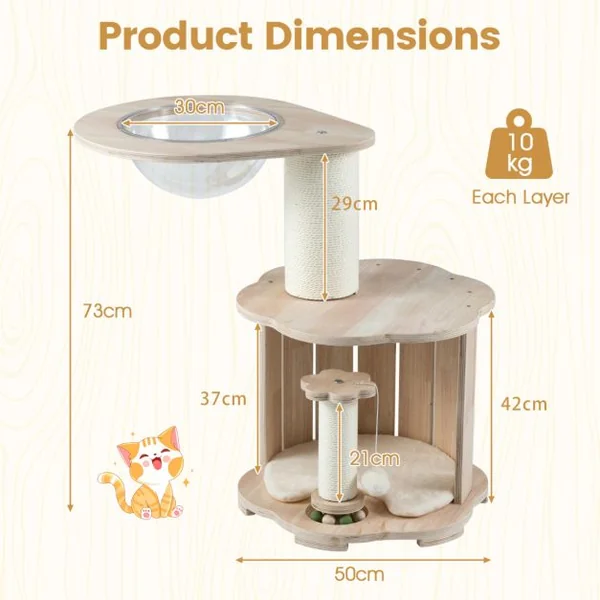 Wooden Cat Tree 3-Level Cute Kitten Tower with Condo Space Capsule Scratching Posts