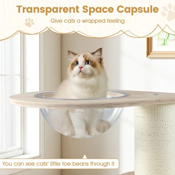 Wooden Cat Tree 3-Level Cute Kitten Tower with Condo Space Capsule Scratching Posts