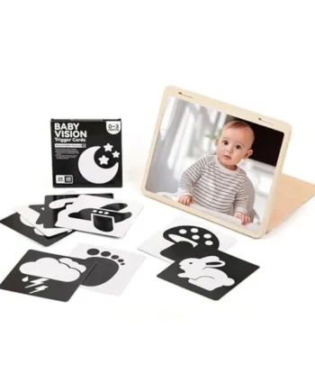 Wooden Foldable Baby Mirror Tummy Time Toy, Montessori Mirror Sensory Toy with Adjustable Stand & Visual Cards for Newborns 0-3 Months, Infant Visual Development