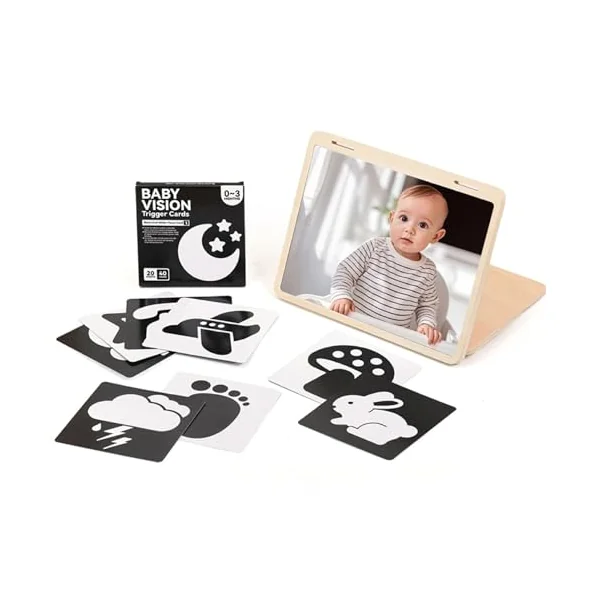 Wooden Foldable Baby Mirror Tummy Time Toy, Montessori Mirror Sensory Toy with Adjustable Stand & Visual Cards for Newborns 0-3 Months, Infant Visual Development