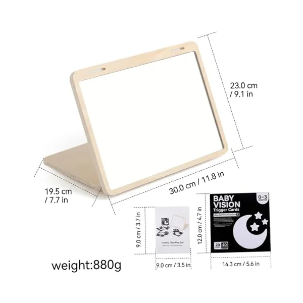 Wooden Foldable Baby Mirror Tummy Time Toy, Montessori Mirror Sensory Toy with Adjustable Stand & Visual Cards for Newborns 0-3 Months, Infant Visual Development
