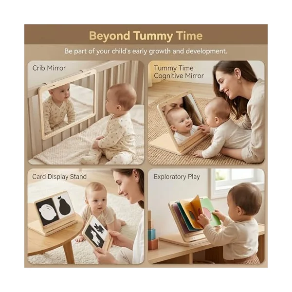 Wooden Foldable Baby Mirror Tummy Time Toy, Montessori Mirror Sensory Toy with Adjustable Stand & Visual Cards for Newborns 0-3 Months, Infant Visual Development