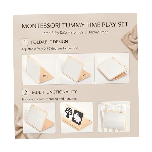 Wooden Foldable Baby Mirror Tummy Time Toy, Montessori Mirror Sensory Toy with Adjustable Stand & Visual Cards for Newborns 0-3 Months, Infant Visual Development