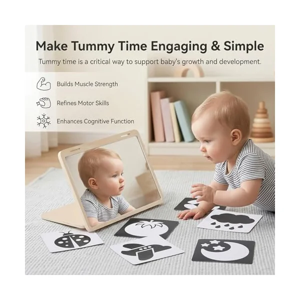 Wooden Foldable Baby Mirror Tummy Time Toy, Montessori Mirror Sensory Toy with Adjustable Stand & Visual Cards for Newborns 0-3 Months, Infant Visual Development