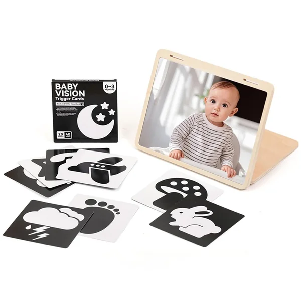 Wooden Foldable Baby Mirror Tummy Time Toy, Montessori Mirror Sensory Toy with Adjustable Stand & Visual Cards for Newborns 0-3 Months, Infant Visual Development