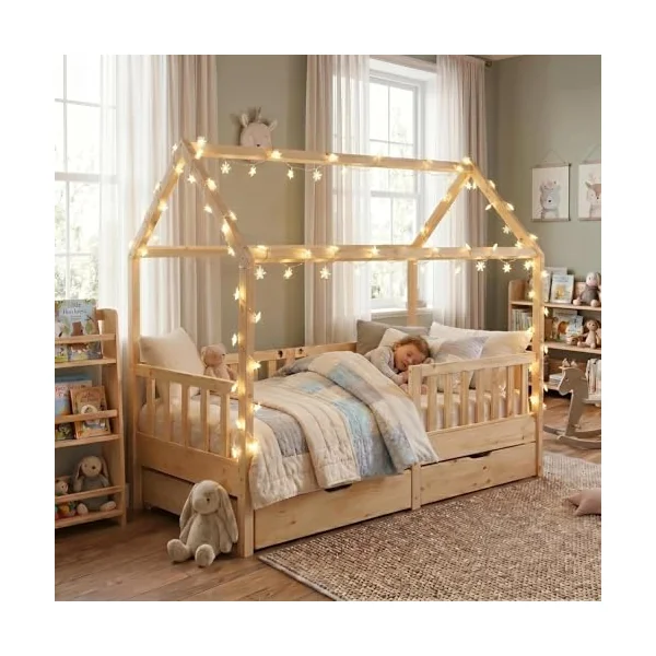 Wooden House-Shaped Toddler Bed with Guardrails and Under-Bed Storage Drawers, Natural (Natural)