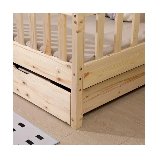 Wooden House-Shaped Toddler Bed with Guardrails and Under-Bed Storage Drawers, Natural (Natural)