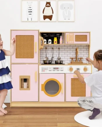 Wooden Kids Kitchen Playset with Real Sounds Lights Stove Water Dispenser