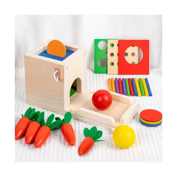 Wooden Sensory Educational Learning Cube Featuring Carrot Pulling Color Learning Fishing and Peg Board Game Cognitive Skill Building