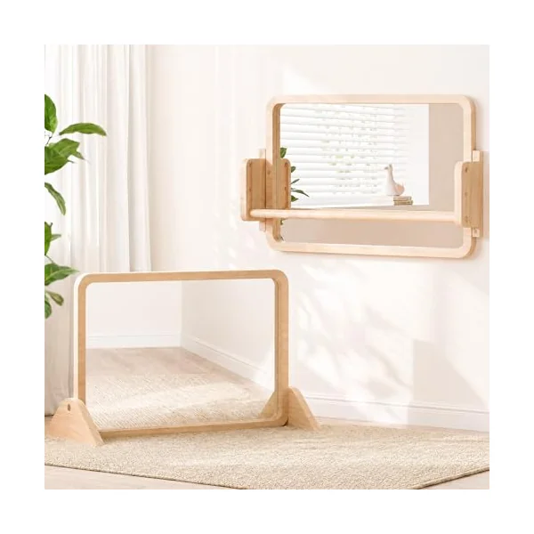 Woodtoe 3-in-1 Montessori Mirror with Bar, Adjustable Tummy Time Mirror 6M+ | Toddler Mirror & Pull Up Bar, Montessori Learning Toy for Baby 6-18 Months, Nursery Mirrors, Natural Wood Kids Furniture
