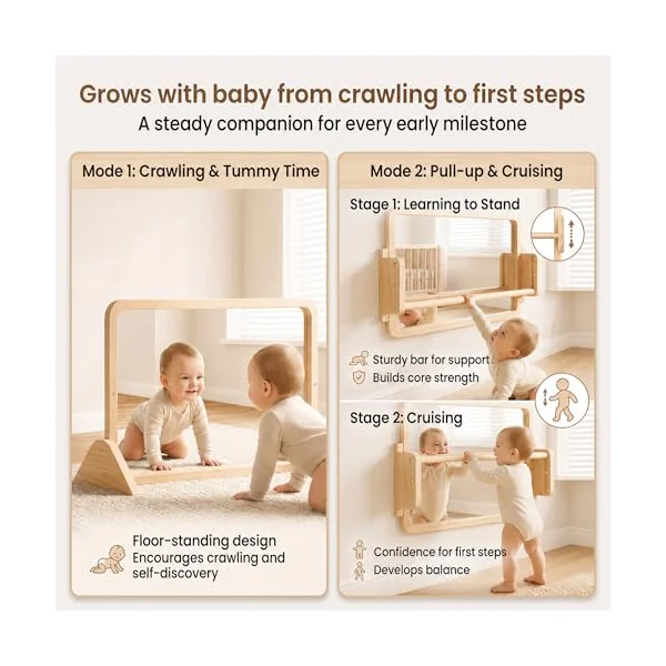 Woodtoe 3-in-1 Montessori Mirror with Bar, Adjustable Tummy Time Mirror 6M+ | Toddler Mirror & Pull Up Bar, Montessori Learning Toy for Baby 6-18 Months, Nursery Mirrors, Natural Wood Kids Furniture