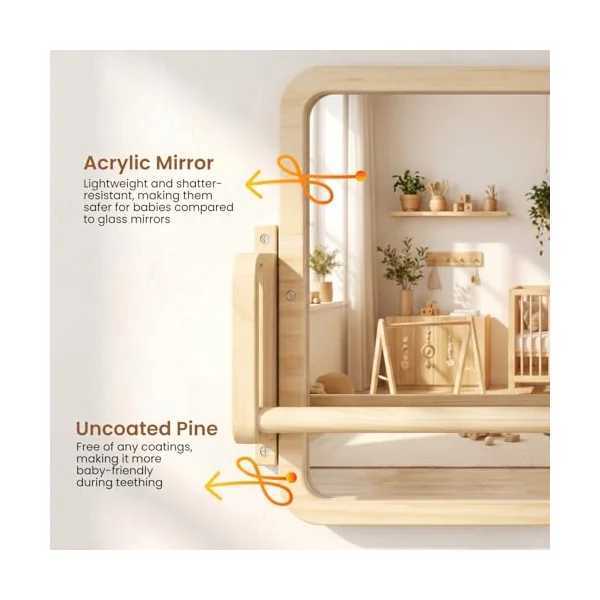 Woodtoe 3-in-1 Montessori Mirror with Bar, Adjustable Tummy Time Mirror 6M+ | Toddler Mirror & Pull Up Bar, Montessori Learning Toy for Baby 6-18 Months, Nursery Mirrors, Natural Wood Kids Furniture