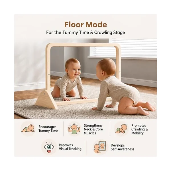 Woodtoe 3-in-1 Montessori Mirror with Bar, Adjustable Tummy Time Mirror 6M+ | Toddler Mirror & Pull Up Bar, Montessori Learning Toy for Baby 6-18 Months, Nursery Mirrors, Natural Wood Kids Furniture