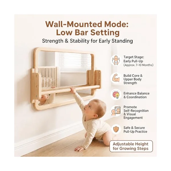 Woodtoe 3-in-1 Montessori Mirror with Bar, Adjustable Tummy Time Mirror 6M+ | Toddler Mirror & Pull Up Bar, Montessori Learning Toy for Baby 6-18 Months, Nursery Mirrors, Natural Wood Kids Furniture