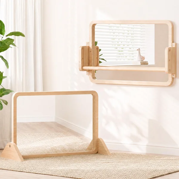 Woodtoe 3-in-1 Montessori Mirror with Bar, Adjustable Tummy Time Mirror 6M+ | Toddler Mirror & Pull Up Bar, Montessori Learning Toy for Baby 6-18 Months, Nursery Mirrors, Natural Wood Kids Furniture
