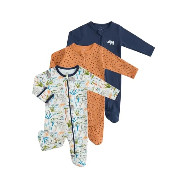 WYTbaby 3 Pack Baby Boys Girls Sleepsuits, 100% Cotton Zip-Up Footed Pajamas with Fold-Over Mittens for Baby Grows Newborn-12 Month