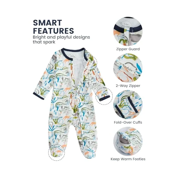WYTbaby 3 Pack Baby Boys Girls Sleepsuits, 100% Cotton Zip-Up Footed Pajamas with Fold-Over Mittens for Baby Grows Newborn-12 Month