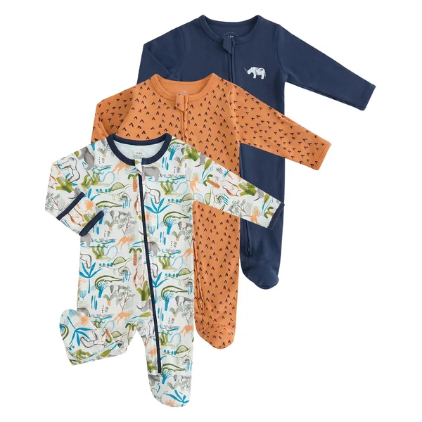 WYTbaby 3 Pack Baby Boys Girls Sleepsuits, 100% Cotton Zip-Up Footed Pajamas with Fold-Over Mittens for Baby Grows Newborn-12 Month