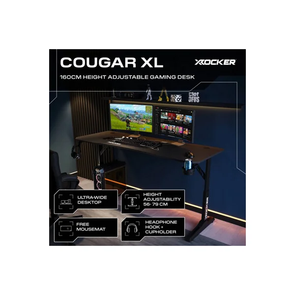X Rocker Cougar XL 160cm Height Adjustable Gaming Desk with Mousepad - Black