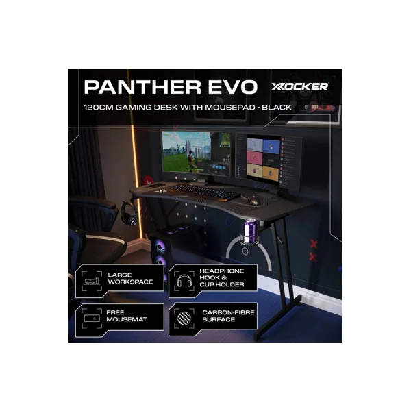 X Rocker Panther Evo 120cm Gaming Desk with Mousepad - Black