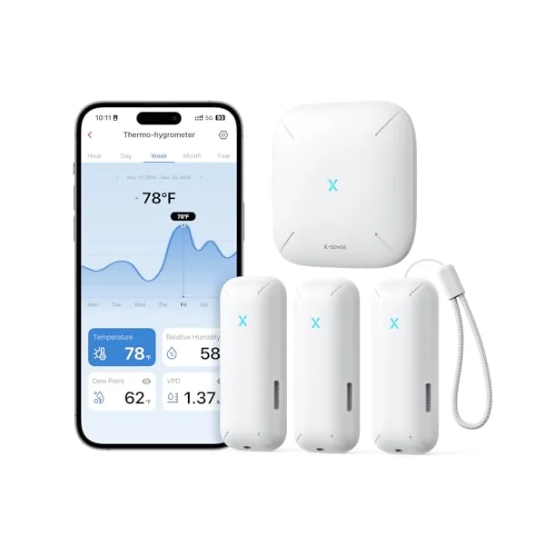 X-Sense WiFi Hygrometer Indoor Humidity with SBS50 Base Station, Smart Hygrometer Thermometer with App Notification, Temperature Sensor for Room Temperature Monitoring, 3 Sensors & 1 Base Station