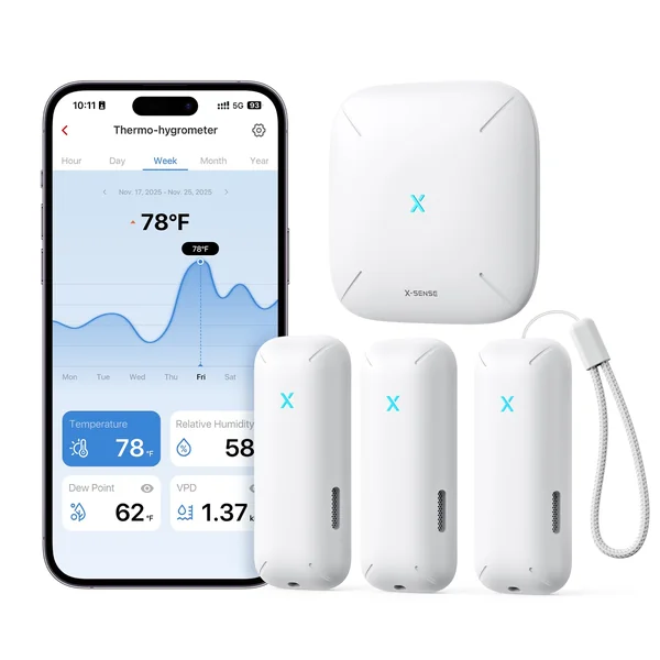 X-Sense WiFi Hygrometer Indoor Humidity with SBS50 Base Station, Smart Hygrometer Thermometer with App Notification, Temperature Sensor for Room Temperature Monitoring, 3 Sensors & 1 Base Station