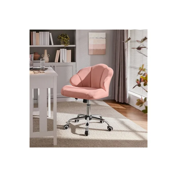 Yaheetech Velvet Adjustable Desk Chair with Tufted Shell-Shaped Backrest and Rolling Wheels - Pink