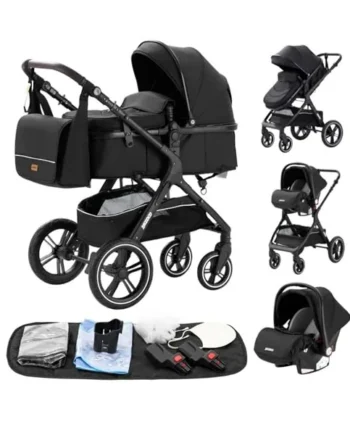 YAZOCO 3 in 1 Prams, Pushchair with Height Adjustable Handle, Travel System Pram with Changing Bag, Baby Stroller with Aluminum Frame for Newborn 0-4 Years (X1 Black)