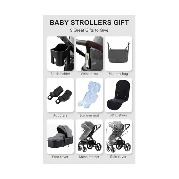 YAZOCO 3 in 1 Prams, Pushchair with Height Adjustable Handle, Travel System Pram with Changing Bag, Baby Stroller with Aluminum Frame for Newborn 0-4 Years (X1 Black)