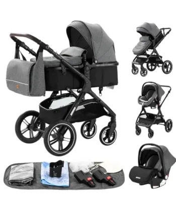 YAZOCO 3 in 1 Prams, Pushchair with Height Adjustable Handle, Travel System Pram with Changing Bag, Baby Stroller with Aluminum Frame for Newborn 0-4 Years (X1 Grey)