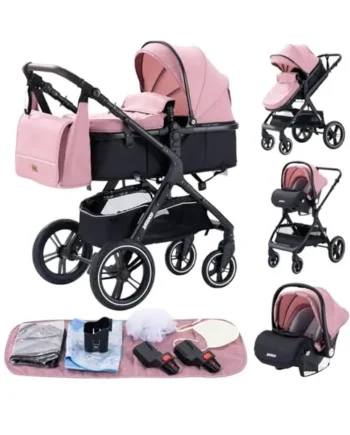 YAZOCO 3 in 1 Prams, Pushchair with Height Adjustable Handle, Travel System Pram with Changing Bag, Baby Stroller with Aluminum Frame for Newborn 0-4 Years (X1 Pink)