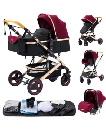 YAZOCO 3 in 1 Prams Travel System, Foldable Lightweight Baby Stroller, Adjustable Handle, Aluminum Frame for Newborn 0-4 Years Changing Bag (530 Red)