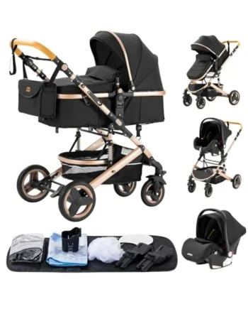 YAZOCO Pram 3 in 1, Pushchair with Height Adjustable Handle, Travel System Pram with Changing Bag, Baby Stroller with Aluminum Frame for Newborn 0-4 Years (530 Black)