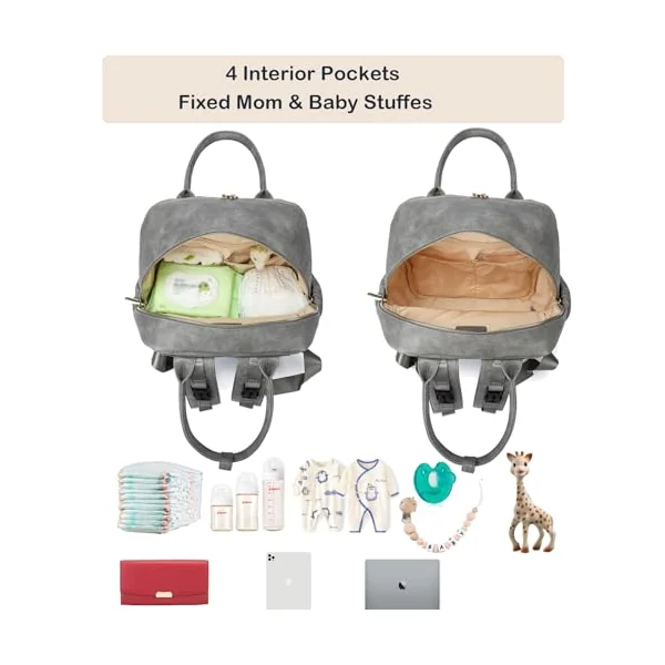 Yomiky Leather Diaper Bag Backpack for Women with Multiple Pockets,Laptop Compartment and Changing Pad