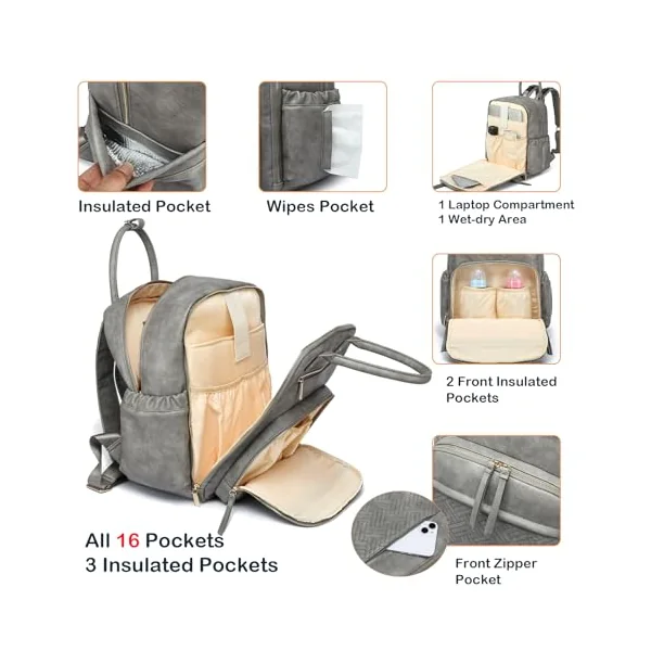 Yomiky Leather Diaper Bag Backpack for Women with Multiple Pockets,Laptop Compartment and Changing Pad