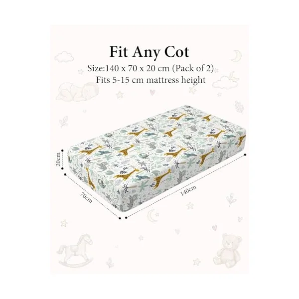 Yoofoss Cot Bed Sheets 70 x 140 cm Fitted Super Soft and Breathable Toddler Crib Bed Mattress Protector 2 Pack Microfiber Green Giraffes