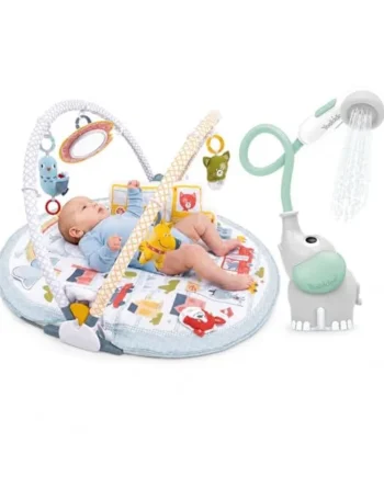 Yookidoo Bath & Play Bundle – Elephant Shower Head Rinser + 3-in-1 Urban Lay-to-Sit-Up Activity Gym Playmat with Tummy Time Toys, Mirror & Pillow