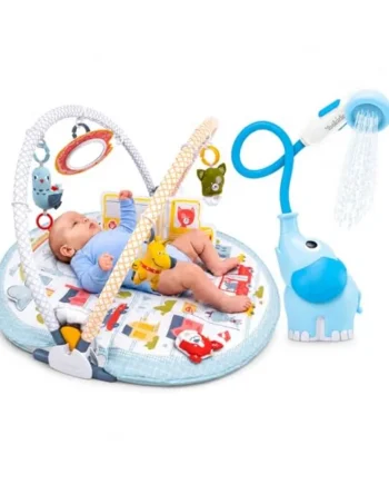Yookidoo Bath & Play Bundle – Elephant Shower Head Rinser + 3-in-1 Urban Lay-to-Sit-Up Activity Gym Playmat with Tummy Time Toys, Mirror & Pillow