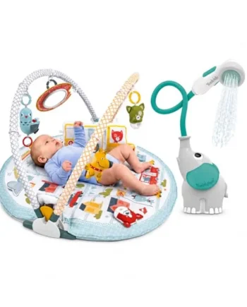 Yookidoo Bath & Play Bundle – Elephant Shower Head Rinser + 3-in-1 Urban Lay-to-Sit-Up Activity Gym Playmat with Tummy Time Toys, Mirror & Pillow