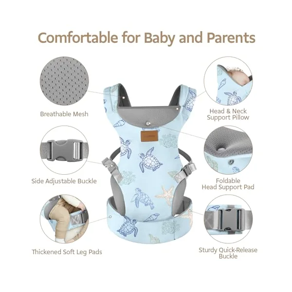 YooxArmor Ergonomic Baby Carrier for 4-36 Month Newborn,Waist 67-150cm,Blue | Adjustable & Breathable Toddler Carrier for 7-66 Lbs,Hands-Free Baby Sling Carrier with Neck/Lumbar Support,Soft,Easy to Use