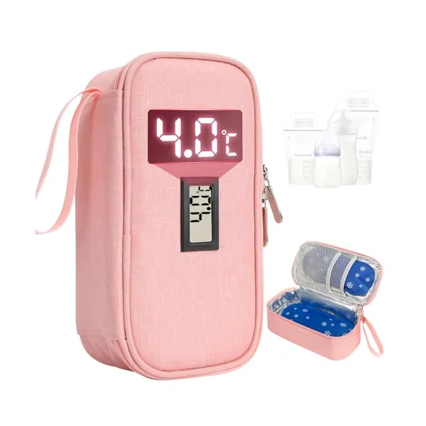 YOUSHARES Breastmilk Cooler Bag - Breast Milk Cooler Travel Bag with Real-Time Temperature Display, Breast Milk Storage Bag with 2 Ice Pack, Small Cool Bag for Insulated Bottle for Breastfeeding(Pink)
