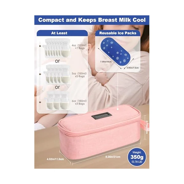 YOUSHARES Breastmilk Cooler Bag - Breast Milk Cooler Travel Bag with Real-Time Temperature Display, Breast Milk Storage Bag with 2 Ice Pack, Small Cool Bag for Insulated Bottle for Breastfeeding(Pink)