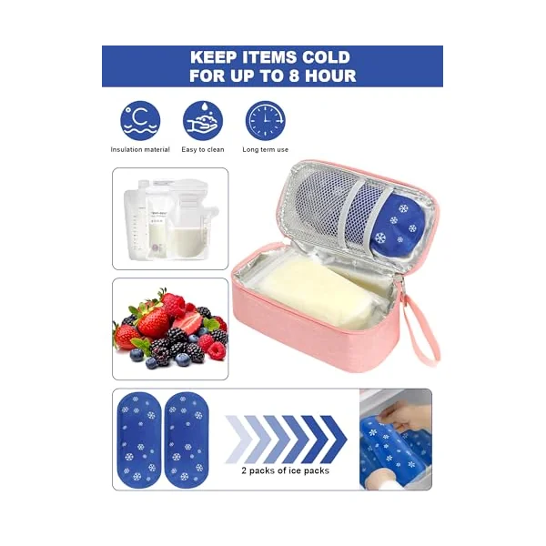 YOUSHARES Breastmilk Cooler Bag - Breast Milk Cooler Travel Bag with Real-Time Temperature Display, Breast Milk Storage Bag with 2 Ice Pack, Small Cool Bag for Insulated Bottle for Breastfeeding(Pink)