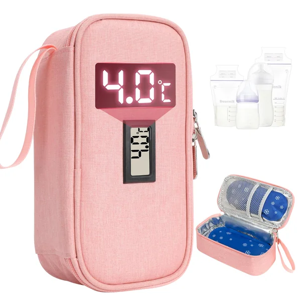 YOUSHARES Breastmilk Cooler Bag - Breast Milk Cooler Travel Bag with Real-Time Temperature Display, Breast Milk Storage Bag with 2 Ice Pack, Small Cool Bag for Insulated Bottle for Breastfeeding(Pink)