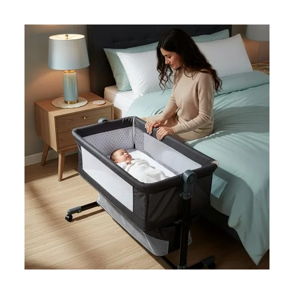 Youyijia 5-in-1 Baby Bedside Crib, Gray A | Convertible Bassinet to Co-Sleeper & Travel Cot, Adjustable Height, Portable Baby Bed, With Mosquito Net, For Newborn