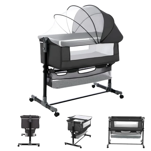 Youyijia 5-in-1 Baby Bedside Crib, Gray A | Convertible Bassinet to Co-Sleeper & Travel Cot, Adjustable Height, Portable Baby Bed, With Mosquito Net, For Newborn